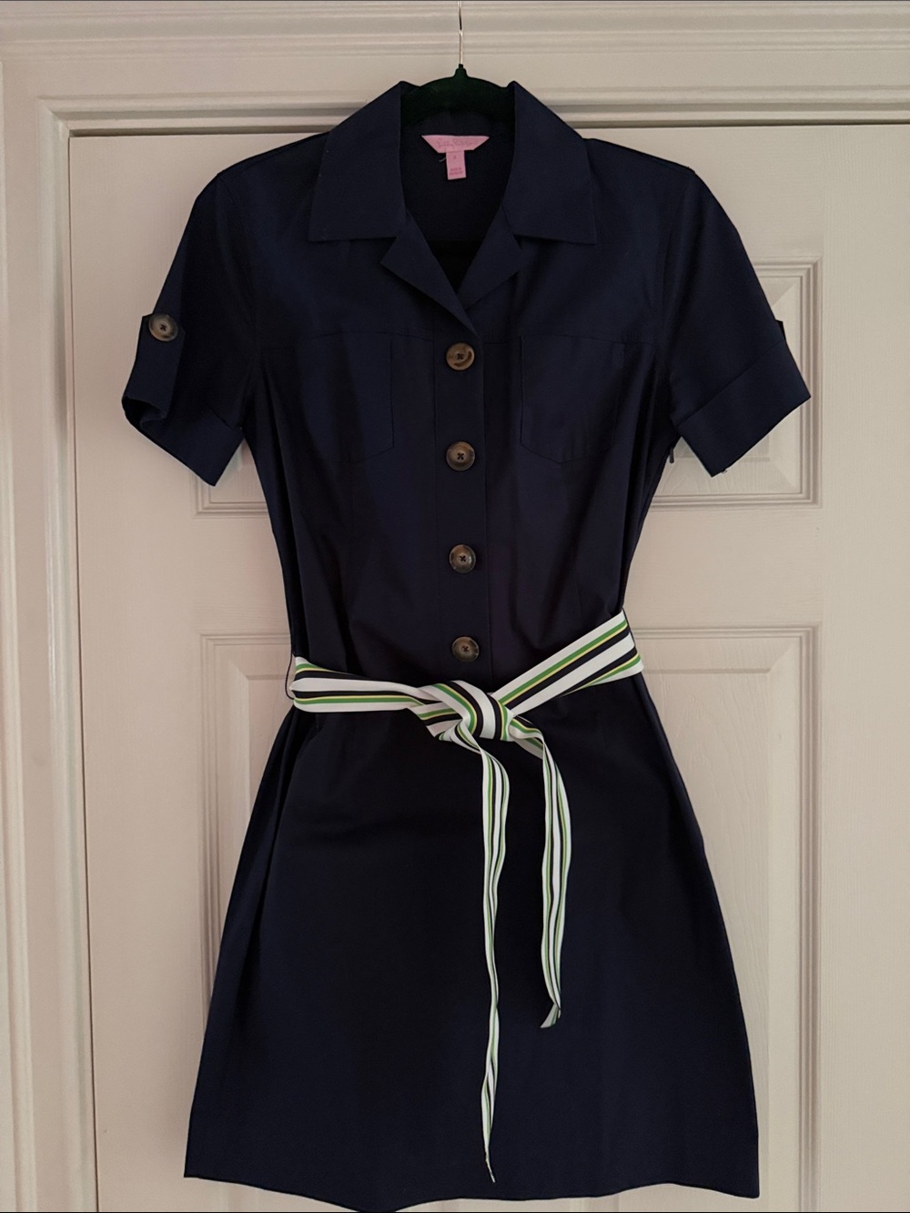 Lilly Pulitzer Navy Shirt Dress with Striped Waist Tie